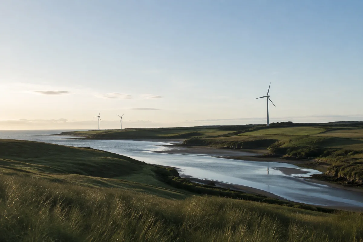 Illustrative coastal landscape with wind turbines beside an estuary